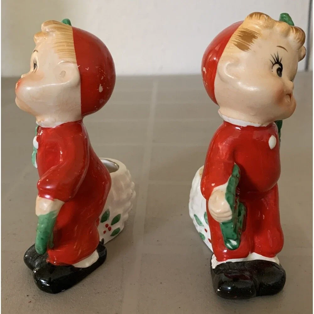 Commodore Japan 1950s NOEL Pajama Kids Candle Stick Holders Christmas Figurines